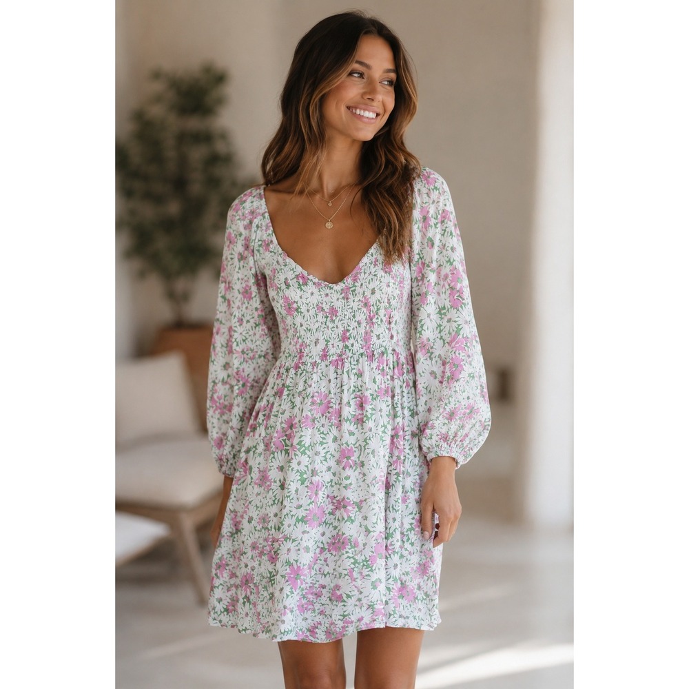 Chaser Coquette Floral Mini Dress Babydoll Garden Party Pink  Puff Sleeve M‎